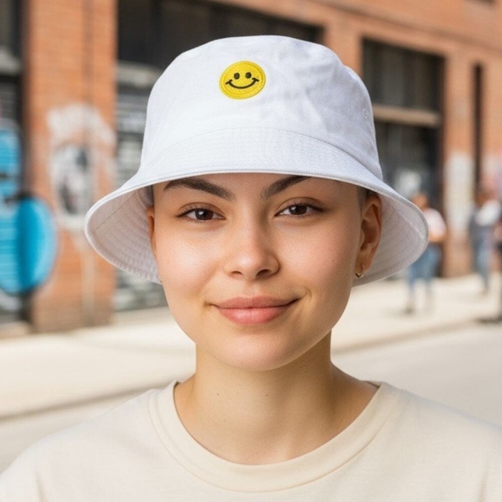 Smiley Patched Bucket Hat Unisex One Size White Smile Emoji Beach Hiking Casual